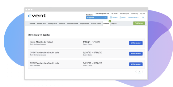Screenshot of the Reviews to Write page on Cvent Supplier Network, with three events listed.
