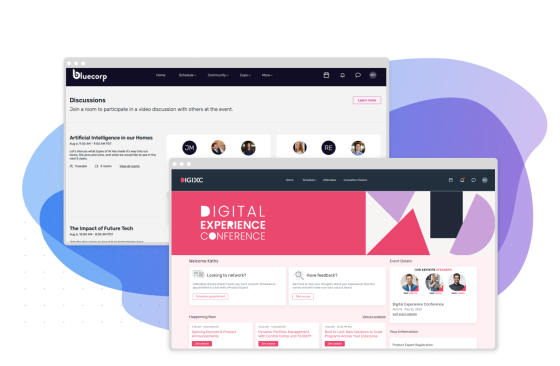 Attendee hub with web value prop 3 showing digital experience conference and bluecorp website.