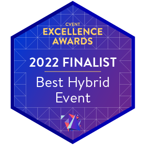 Best Hybrid Event 2022 Finalist badge from the Cvent Excellence Awards, a hexagon-shaped award.