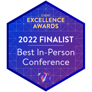 Event Excellence Awards 2022 Finalist for Best In-Person Conference with hexagonal design and vibrant colors.
