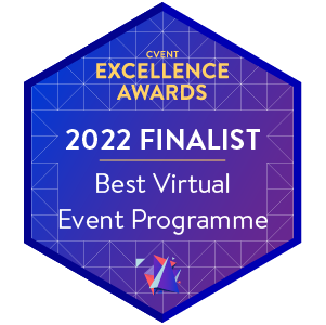 Event Excellence Awards 2022 Finalist badge for Best Virtual Event Programme on a blue hexagon background.