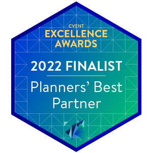 Hexagon Blue and Green Hexagon with text, "2022 Finalist Planners' Best Partner" in white font.