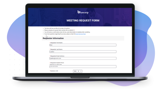 Bluecorp Meeting Request Form on a laptop screen with a blue background and black borders.