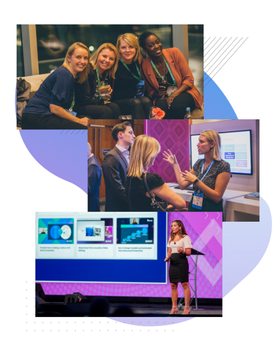 Four photos of people at a conference, two sitting, two standing, one on stage presenting.