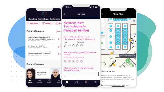 Three smartphones displaying a conference app, floor plan, and survey for an event.