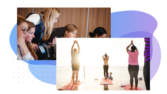 A collage of photos depicting women in a yoga class and in a meeting.