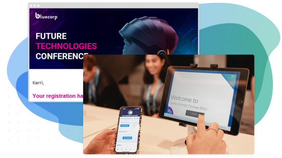 A collage of images showing a registration, a QR code, and a person's hand checking in.