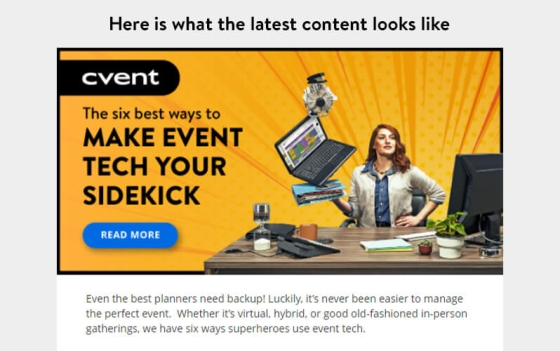 Cvent's latest content includes an ad banner with text, a woman, a laptop, and a desk with items.