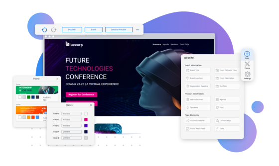 Registration - Homepage with text, architecture, landscaping, and ambiance, and a person wearing a virtual reality headset.