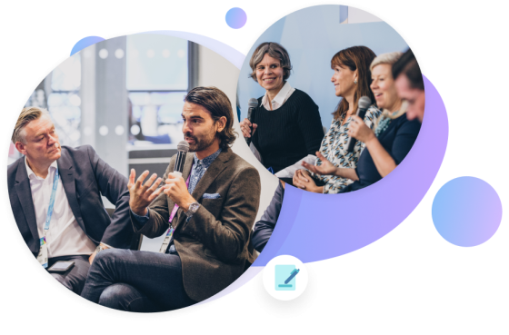 Three images of people at a networking event, with a pen icon in the bottom right corner.