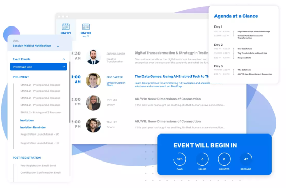 Website showing the registration page, the event agenda, and the invitation list.