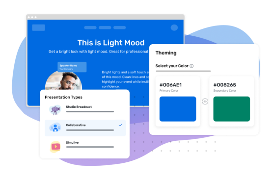 A screenshot of the webinar theming options and presentation types on the Light mood theme.