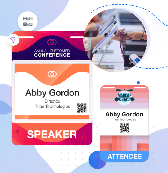 Abby Gordon's digital and physical badge for the Annual Customer Conference, with the Madcap Exchange logo.
