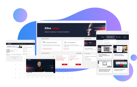 Illustration of the Xilinx Adapt website with multiple windows open on a dark background with blue shapes.