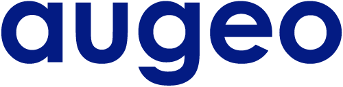 Augeo logo on a black background, a bold blue font with a modern design.