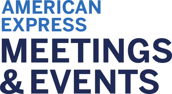 The logo for American Express Meetings and Events is displayed in blue and white text.