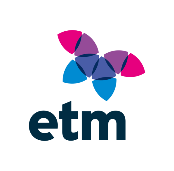 A logo of a butterfly with four different colors and the letters "etm" below it.