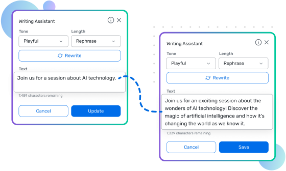 Writing Assistant dialog box with text input and Rewriter button before and after text is rewritten.