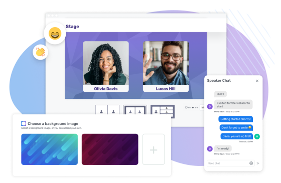 Elevate your webinar with production tools like chat, background, and emoji reactions.