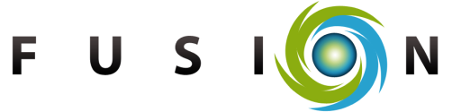 Fusion logo with a blue and green circle with a white line running through it on a white background.