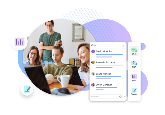 A chat app with David McGuire, Amanda Estrada, Laura Hansen, and Owen Gardner on the screen.