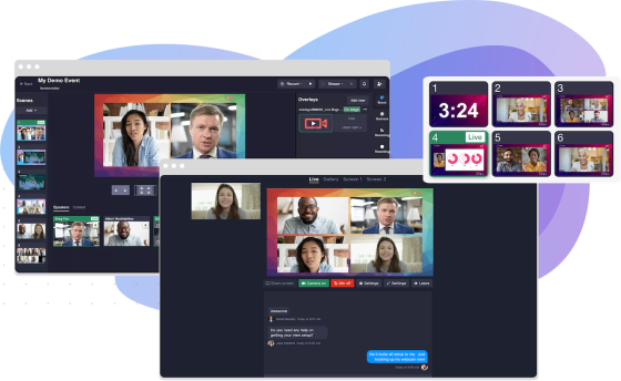 A cropped screenshot of the Riverside Studio interface, with a purple background and multiple open windows.