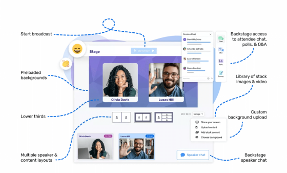 Cvent webinar with multiple speakers and a content layout on the stage.