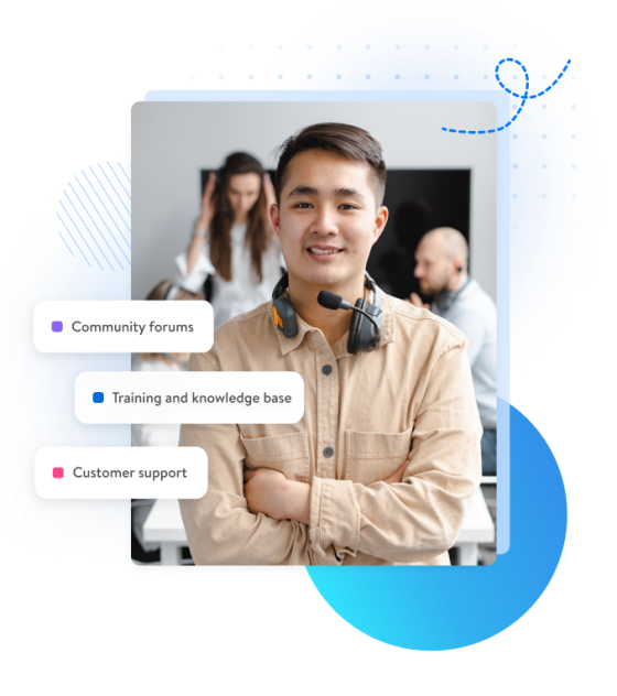 A man is standing in front of a microphone with text reading customer support, training and knowledge base, and community forums.