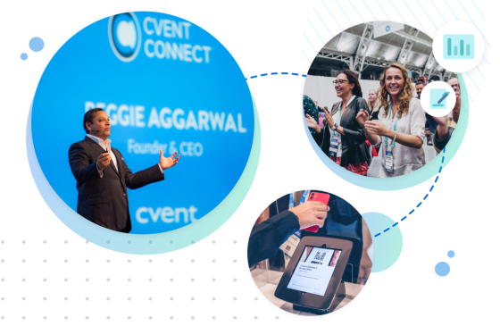 Three images of Reggie Aggarwal, a woman scanning a QR code, and two women at an event.