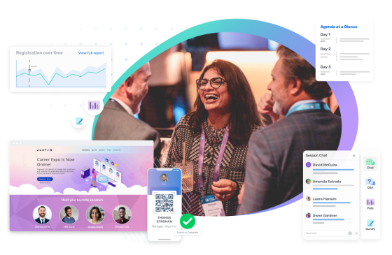 Group of people, graphs, text, infographic, phone, speakers, name tag, and check mark.