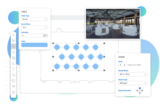 Floor plan layout for a wedding venue showing tables and chairs with a view of the venue.