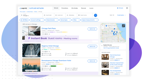 Supplier network page with several hotels listed and the map on the right side of the screen.