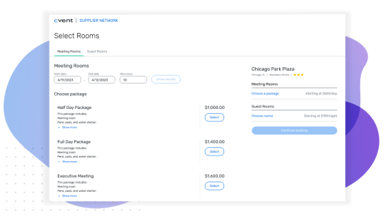 The image shows a page for selecting rooms at Chicago Park Plaza, with options for meeting and guest rooms.