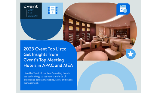 Cvent's 2023 Top Meeting Hotels in APAC and MEA infographic with the image of a hotel.
