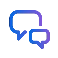 Blue and purple speech bubbles on a black background representing a conversation or chat.