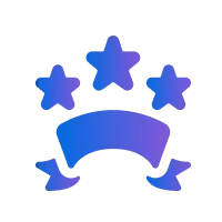 Blue and purple pixelated stars and ribbon on a black background, possibly for a ranking or award.