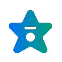 A blue and green star-shaped icon with a black square in the center on a black background.
