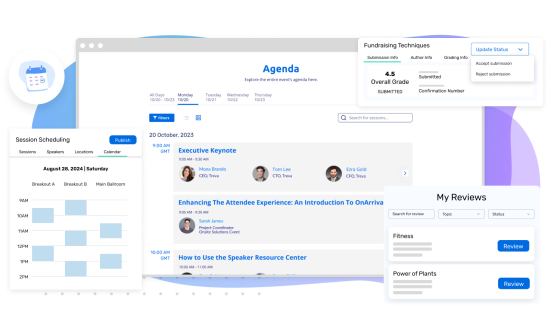 A collage of images showing different elements of an event, including agenda, reviews, and session scheduling.