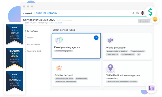 The image shows the services available for the event Go Blue 2020, including event planning agencies.