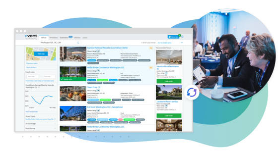 Agency TPP Value Prop 2 image showing a screenshot of the venue search page and a group of people.
