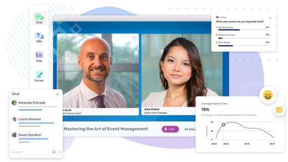 Cvent Webinar with chat, polls, and survey functionality, showcasing interactive event management features.