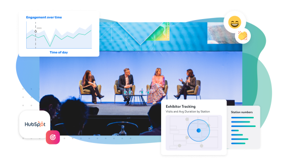 Tech Value Prop 1.png: HubSpot Events and Engagement Dashboard showing exhibitor tracking and engagement over time.