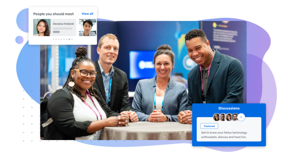 Four people sit at a table with a popout box that says 'Discussions' with avatars in it.