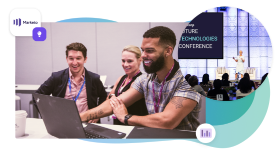 Group of people at a conference with the text future technologies conference in the background.
