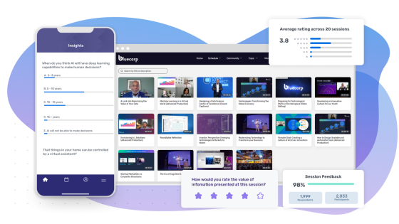 A screenshot of a phone with insights and a website with session feedback and average ratings.