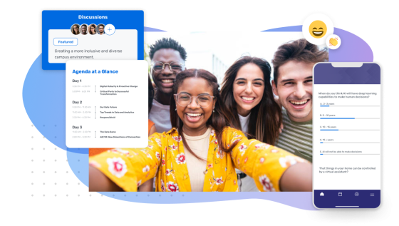 Group of people in a happy mood with a mobile phone displaying a chat bot.