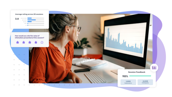 A woman is sitting at a computer with a screenshot of the session feedback rating.
