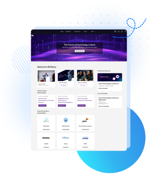 A website page with text "Welcome Brittany" and "Future Technologies Conference" with logos and circles.