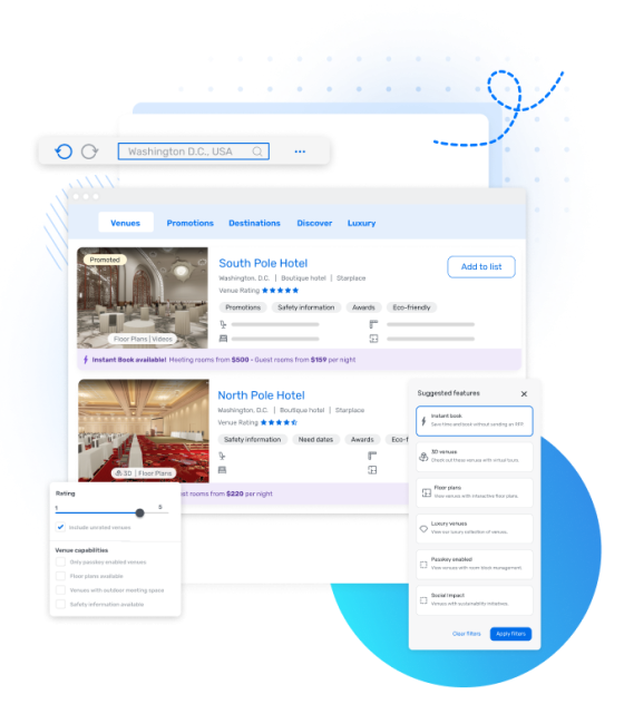 South Pole Hotel, North Pole Hotel, Washington D.C. in USA with suggested features pop-up.