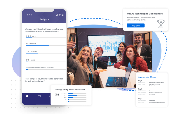 Value Prop 1 FINAL image with a poll, agenda, and game on a conference background.